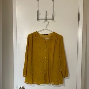 Yellow Zara blouse with embroidery and ruffles